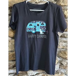 Women's Life is good Happy Camper Floral Dog Short Sleeve Crusher T Shirt Size M